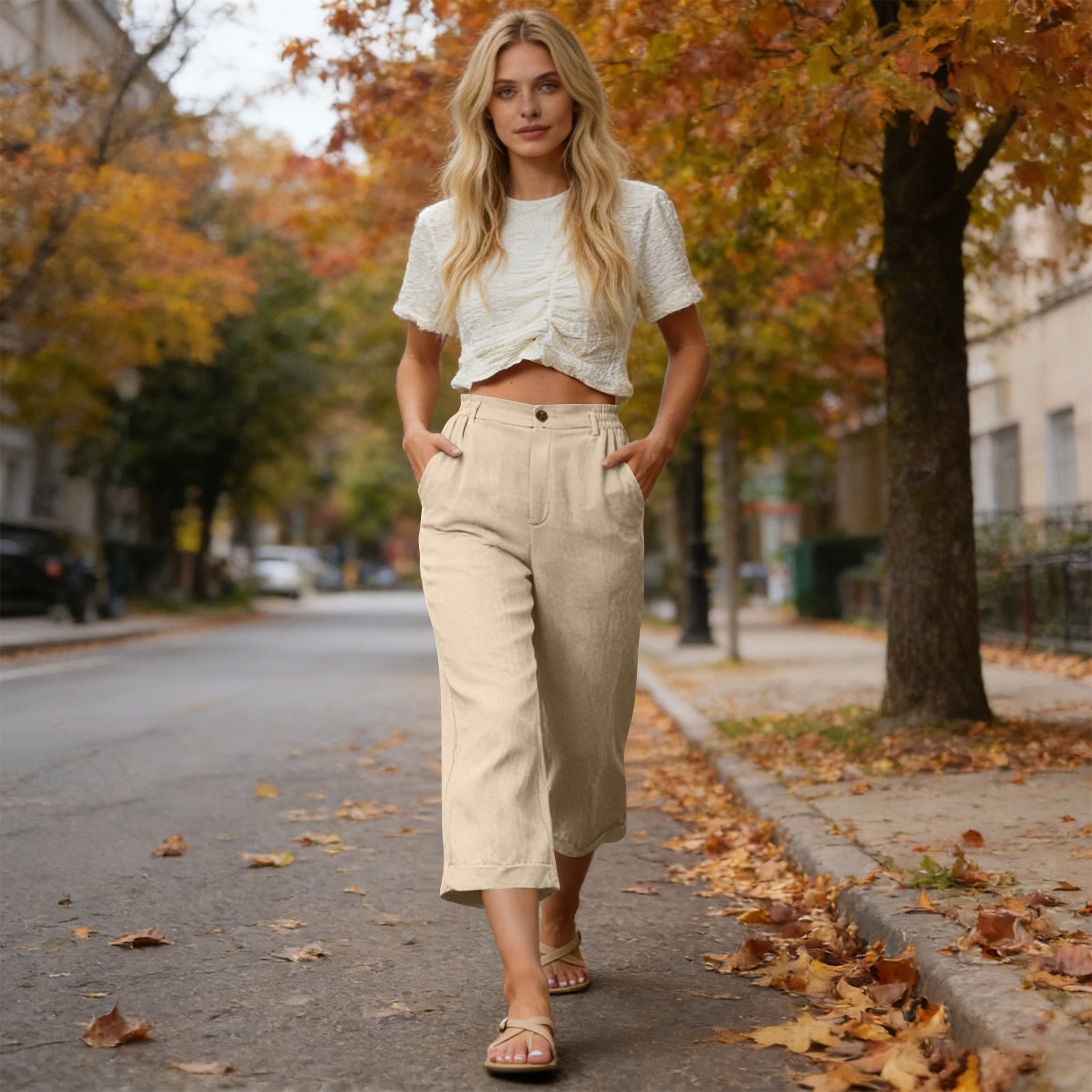 Pocketed Loose-fitting Breathable Summer Capri Pants For Home Wea