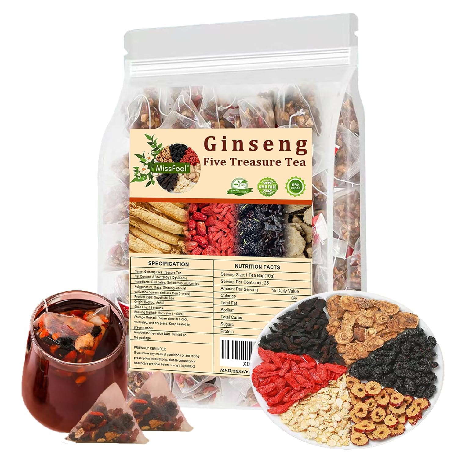 25bags Kidney Tea Formula Ginseng Five Treasure TeaCombination Scented Tea Eight Treasure Tea RedDate Wolfberry Tea Men's Tea Health TeaMulberry Herbal Formula Health Tea Beverage
