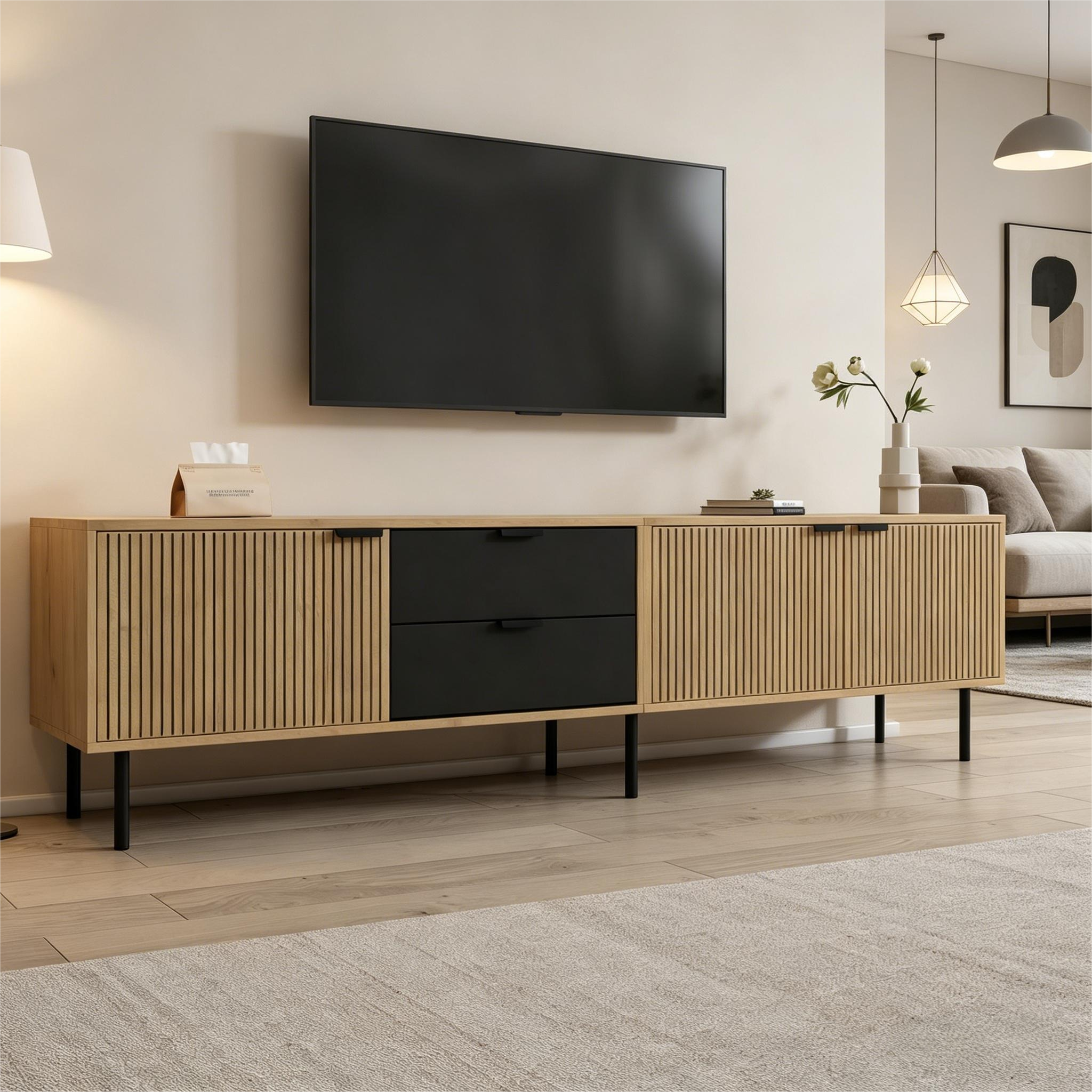 TV Stand Made Of Chipboard, Modern Lowboard With Cabinets And Cable Management For Living Room, Storage Cabinet With 3 Drawers, Suitable For 85-inch TVs